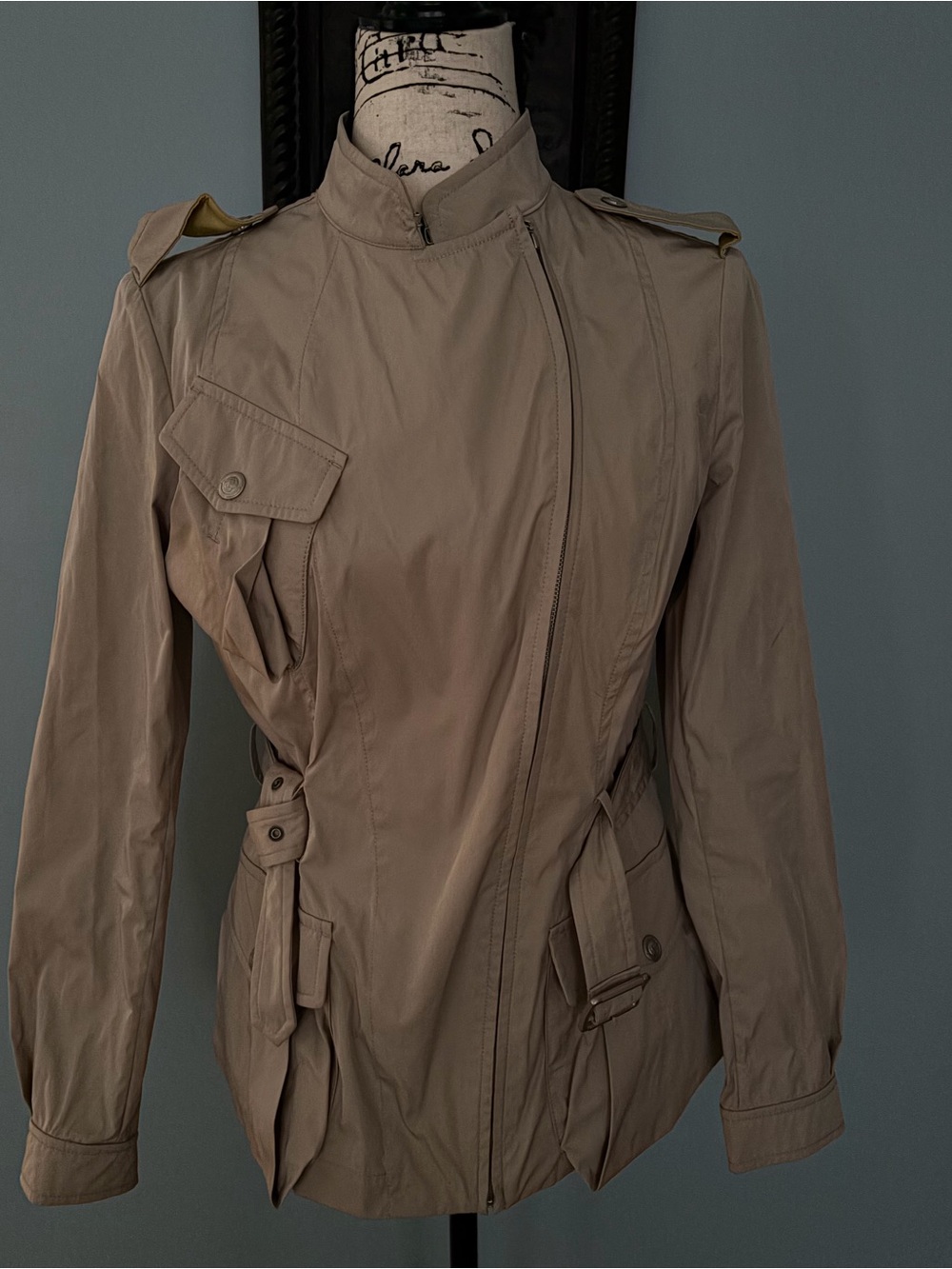 Max Studio Taupe Asymmetrical Utility Trench Jacket